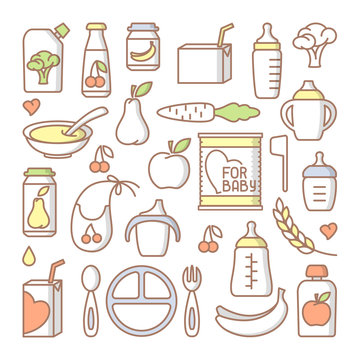 Baby food icons set. Linear style vector illustration