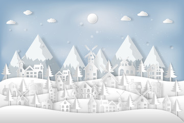 Obraz na płótnie Canvas Cityscape and countryside with full moon and snow in the winter season asMerry christmas , paper art and digital craft style. Vector illustration.