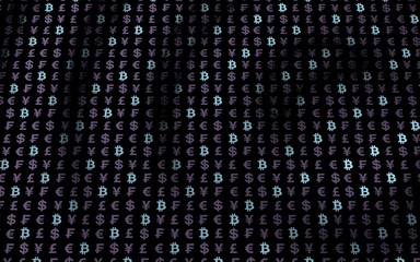 Bitcoin and currency on a dark background. Digital Cryptocurrency symbol. Wave effect, currency market fluctuations. Business concept. 3D illustration