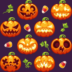 Halloween Seamless Pattern with Pumpkins on Dark Background