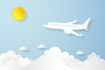 Airplane flying under blue sky and sunny as paper art, craft style and business, journey and travel concept. vector illustration.