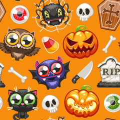 Halloween Seamless Pattern with Cartoon Characters Ogange