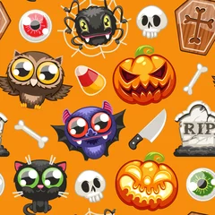 Fotobehang Halloween Seamless Pattern with Cartoon Characters Ogange © Voysla