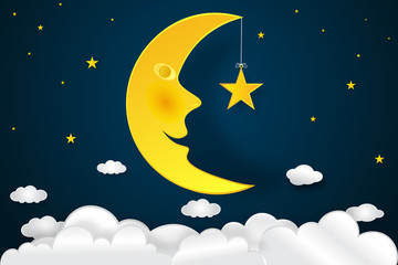 Half moon, clouds and stars in the night as paper art and craft style concept. vector illustrator.