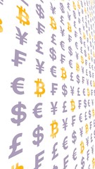 Bitcoin and currency on a white background. Digital Cryptocurrency symbol. Business concept. Market Display. 3D illustration