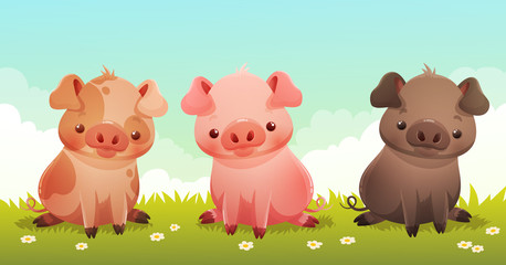 Three cute little pigs with different skin colors sitting on grass and daisies. Clouds and blue sky background. Vector illustration.