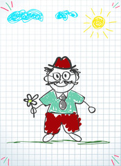 Children colorful hand drawn illustration of grandfather holding flower