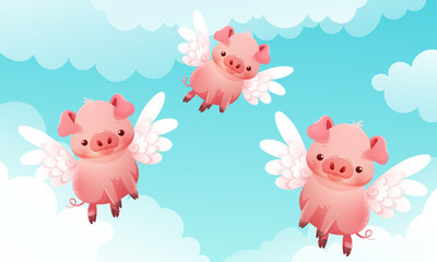 Three cute little pigs with wings flying among the clouds and a blue sky in the background. Vector illustration.