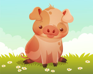 Cute little spotted pig sitting on grass and daisies. Clouds and blue sky background. Vector illustration.