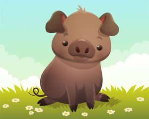 Cute little black pig sitting on grass and daisies. Clouds and blue sky background. Vector illustration.