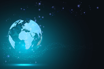 Glowing global network connection. World polygonal mesh and line as business, composition concept. Vector Illustration.