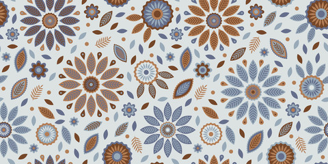 Abstract flower and leaf vector pattern, natural colored repeat design on ice blue background. Trendy vintage style. Ideal for fabrics, cards, gift wrapping paper, wallpapers, scrapbooking etc.