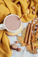 White Cup of Hot Chocolate, Yellow Plaid, Leaves, Gray Background, Autumn Concept, Cosiness, Instagram Style