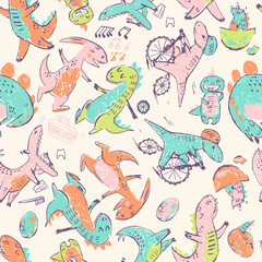 Doodle cute Dinosaurs seamless pattern. Funny cute kid drawn characters. Vector illustration