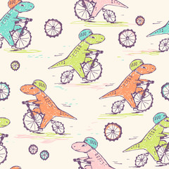 Doodle cute Dinosaurs seamless pattern. Funny cute kid drawn characters. Vector illustration
