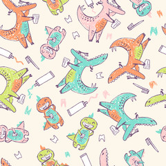 Doodle cute Dinosaurs seamless pattern. Teeth cleaning. Funny kid drawn characters. Vector illustration