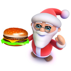 3d Funny cartoon Christmas Santa Claus eating a cheese burger fast food snack meal.