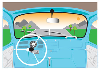 Inside a vintage beetle car vector on street. Retro interior old car illustration