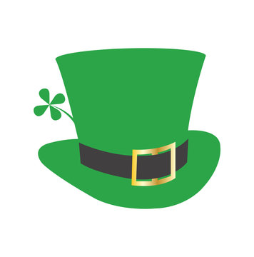 Leprechaun green top hat with a four leaf clover, isolated on white background