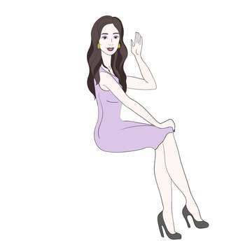 Vector illustration. Image of a sitting girl in a pink dress.
