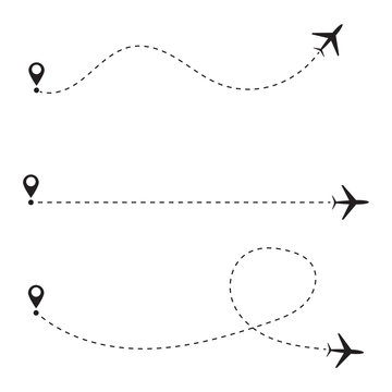 Set of airplane line path. Vector illustration