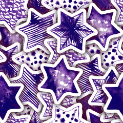 Paper Star Magic Confetti with Hand Drawn Watercolor Texture. Seamless Star Pattern with Naturalistic Shadow. New Year, Christmas, Birthday and other Holiday Design. Wrapping, Textile, Background.