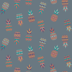 Colorful ethnic vector pattern with delicious pineapples on cool grey background. Trendy abstract shaped elements. Great for summer fabrics, card design, gift wrapping papers, scrapbooking etc.