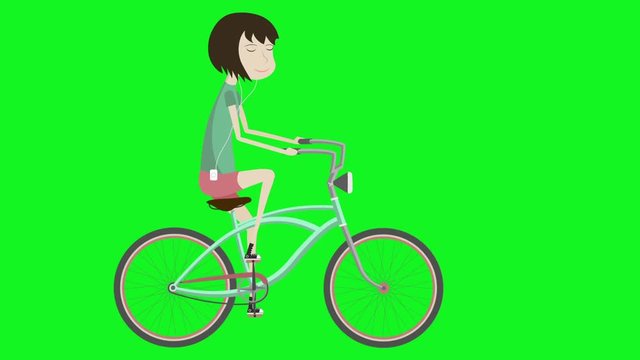 Girl on a bicycle. Hipster on city bike. 2d aanimation in the style of flat illustration with green screen