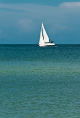 Fototapeta premium Front view, long distance of a sailing vessel underway from a strong wind, on an autumn, windy day on the tropical waters of the gulf of mexico