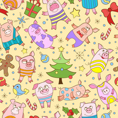 Seamless pattern on new year theme with funny cartoon colored pigs and snowflakes, colored icons on yellow background