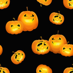 Glowing scary pumpkins on black background. Seamless halloween holiday pattern. Texture with squash fruit with carved grinning faces, party decoration, wallpaper, wrapping, backdrop