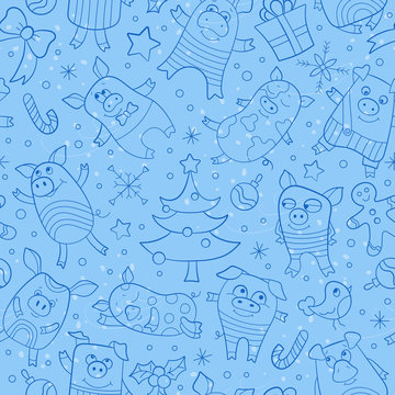 Seamless Pattern On New Year Theme With Funny Cartoon Pigs And Snowflakes, Dark Blue Icons On Blue Background