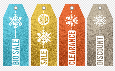 Set of golden color glittering labels with snowflake for christmas over transparent background, vector illustration