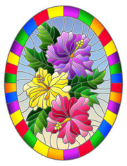 Illustration in stained glass style flower of hibiscus on a blue background in a bright frame,oval  image