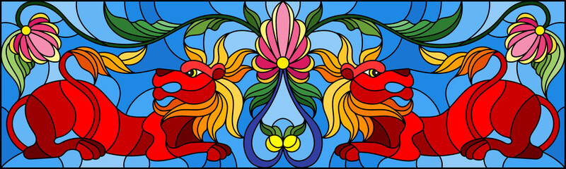 Illustration in stained glass style with abstract red lions and flowers on blue background, mirror image, horizontal orientation