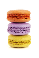 three macaroons isolated on white background closeup