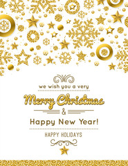 White christmas card with golden glittering snowflakes and stars, vector illustration