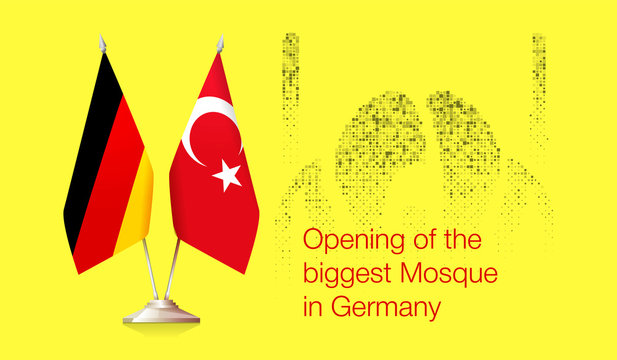 German and Turkish flags. News about opening of the big Mosque in Cologne. Against the background of the stylized Mosque. Conceptual vector illustration