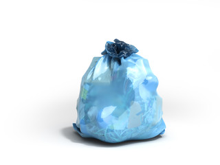 close up of blue garbage bag 3d render on white background