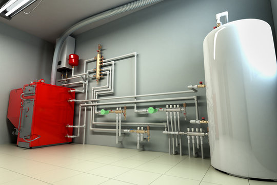 Hot water boiler Boiler room with a heating system 3d render