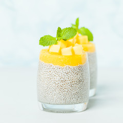 Chia seeds pudding with mango puree in glasses with green mint leaves and cut fresh ripe tropical fruit.