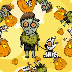 Halloween vector seamless pattern on vintage background.pattern silhouette by hand drawing.Trick or treat lace art highly detailed in line art style.