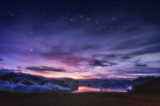 Laguna Jokulsarlon Islanda Tramonto con stelle