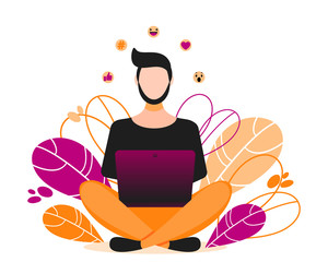 Man sitting on the floor and working with laptop in social networks.