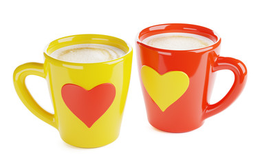 two coffee cups with heart-shaped ornament, isolated 3d render