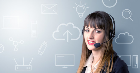 Young female telemarketer with white mixed media icons around her