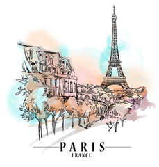 Paris cityscape illustration. Hand drawn artwork. Landmarks drawing. - 225200618
