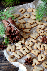 Christmas background contained of cinnamon letter cookies , pine cones and its branches 