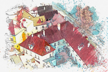 Fototapeta na wymiar A watercolor sketch or an illustration of the traditional architecture in Cesky Krumlov in the Czech Republic.