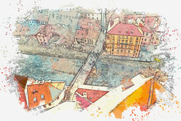 A watercolor sketch or an illustration of the traditional architecture in Cesky Krumlov in the Czech Republic.